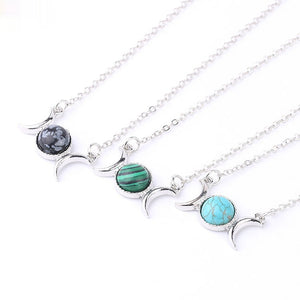 Vintage Crescent Lock Bone Moon Sun Pendant Silver Women's Natural Stone Necklace