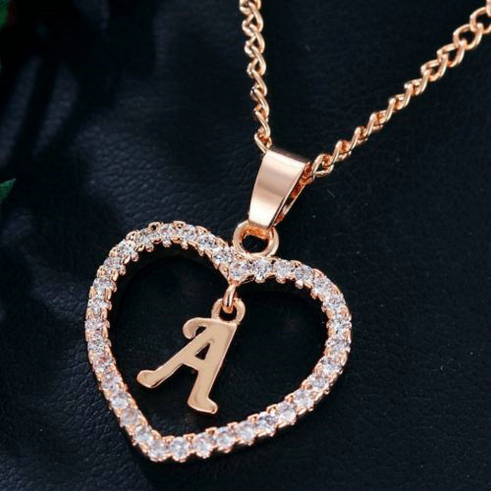 26 Letters Heart-shaped Zircon Pendant Necklace Stainless Steel Gold Color Chain
