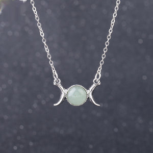 Vintage Crescent Lock Bone Moon Sun Pendant Silver Women's Natural Stone Necklace