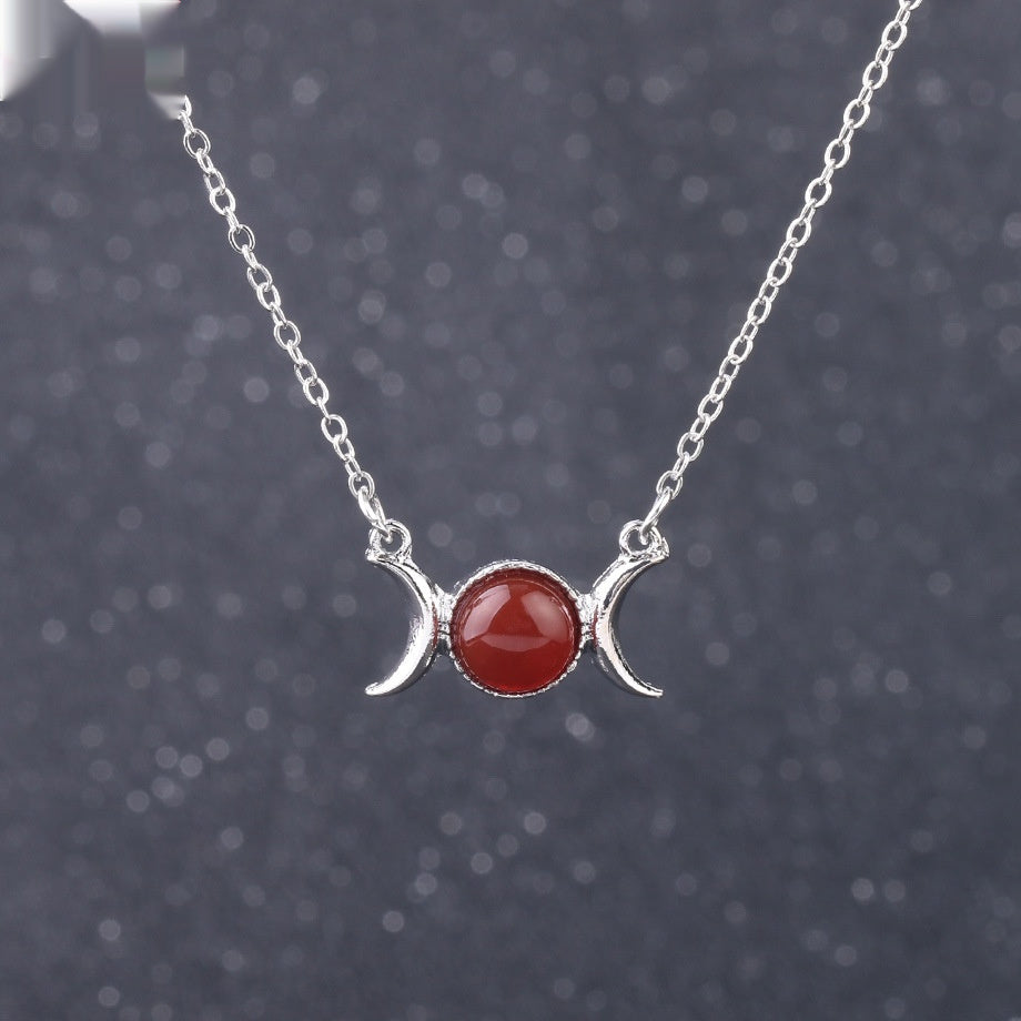 Vintage Crescent Lock Bone Moon Sun Pendant Silver Women's Natural Stone Necklace