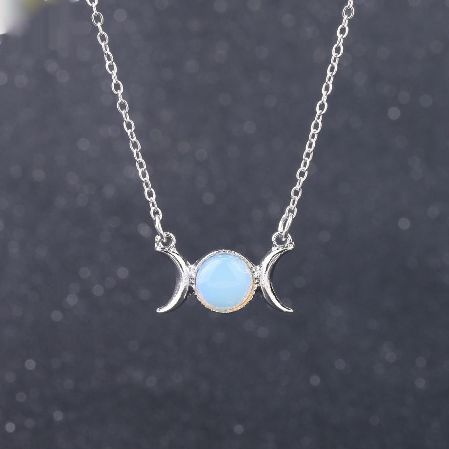 Vintage Crescent Lock Bone Moon Sun Pendant Silver Women's Natural Stone Necklace