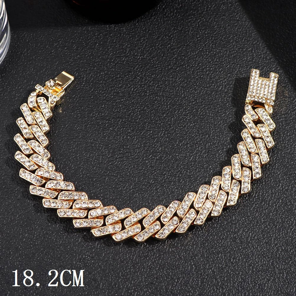 Fashion Bling Paved Rhinestone Prong Cuban Chain Bracelet for Women Men Hip Hop Iced Out Chunky Link Chain Bracelets New Jewelry