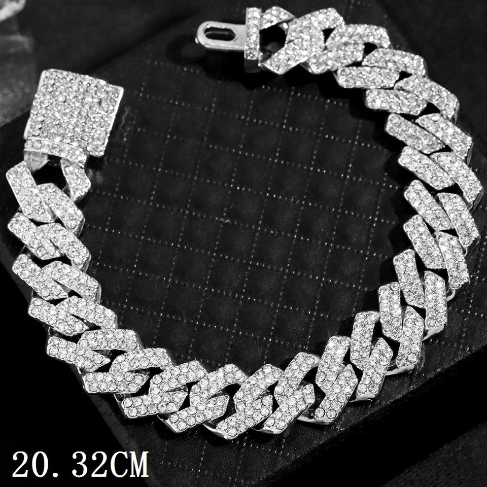 Fashion Bling Paved Rhinestone Prong Cuban Chain Bracelet for Women Men Hip Hop Iced Out Chunky Link Chain Bracelets New Jewelry