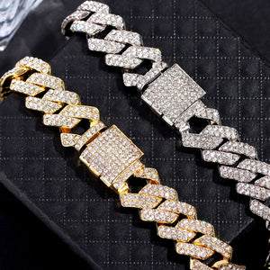 Hip Hop Men Prong Cuban Link Chain Bracelet  Bling Iced Out Full Rhinestone Paved Miami Rhombus Cuban Chain Jewelry