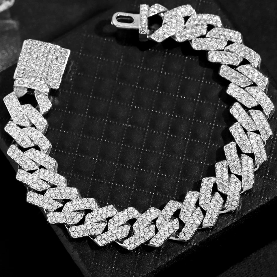 Hip Hop Men Prong Cuban Link Chain Bracelet  Bling Iced Out Full Rhinestone Paved Miami Rhombus Cuban Chain Jewelry