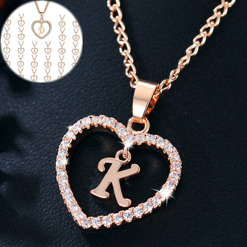 Women's Zircon Heart Pendant Necklace 26 Letters Clavicle Chain A-Z Initial Pendant Necklace