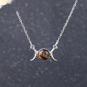 Vintage Crescent Lock Bone Moon Sun Pendant Silver Women's Natural Stone Necklace