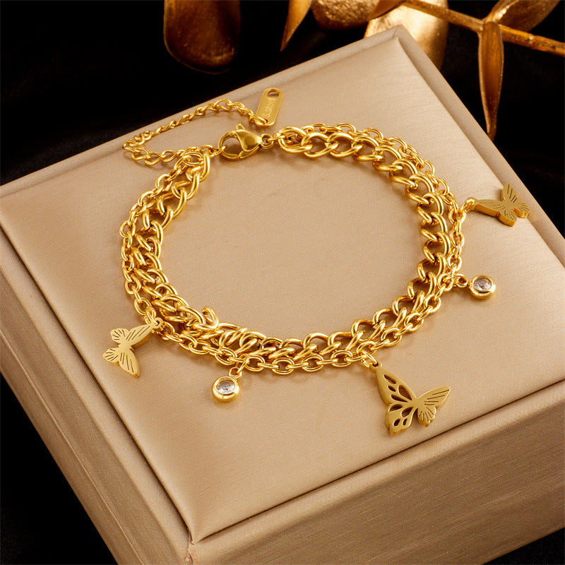 Gold-plated Butterfly Pearl Flower Rhinestone-embedded Accessories Bracelet